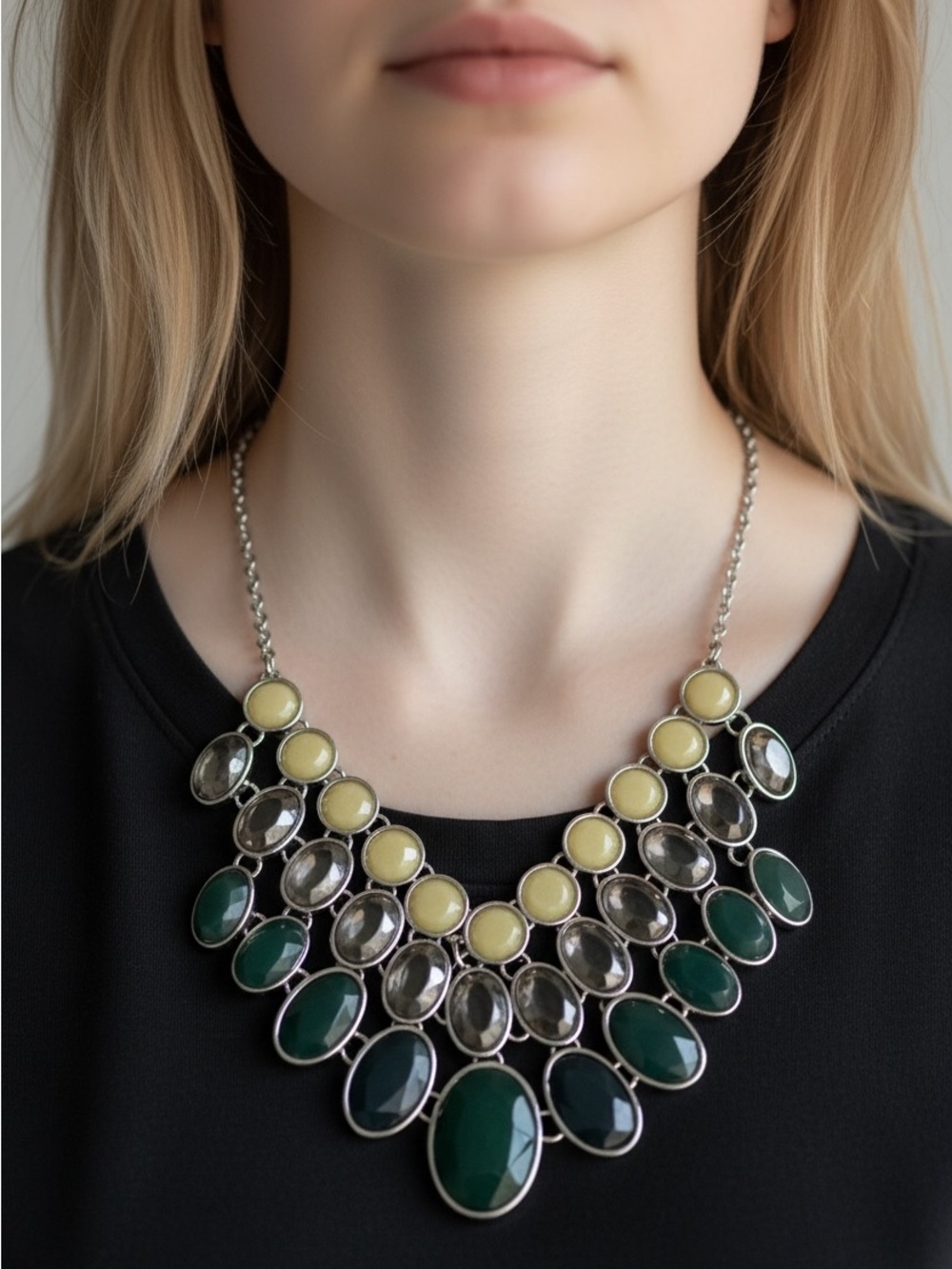10/1 Statement Bib Necklace in Green, Yellow and Smoke - Women Jewelry
